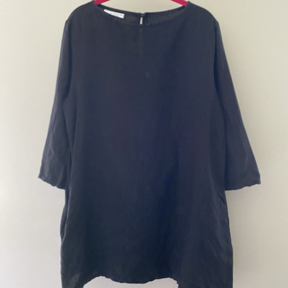 Bryn Walker Black Linen Tunic Blouse 3/4 Sleeve Button Pockets Lagenlook Sz S